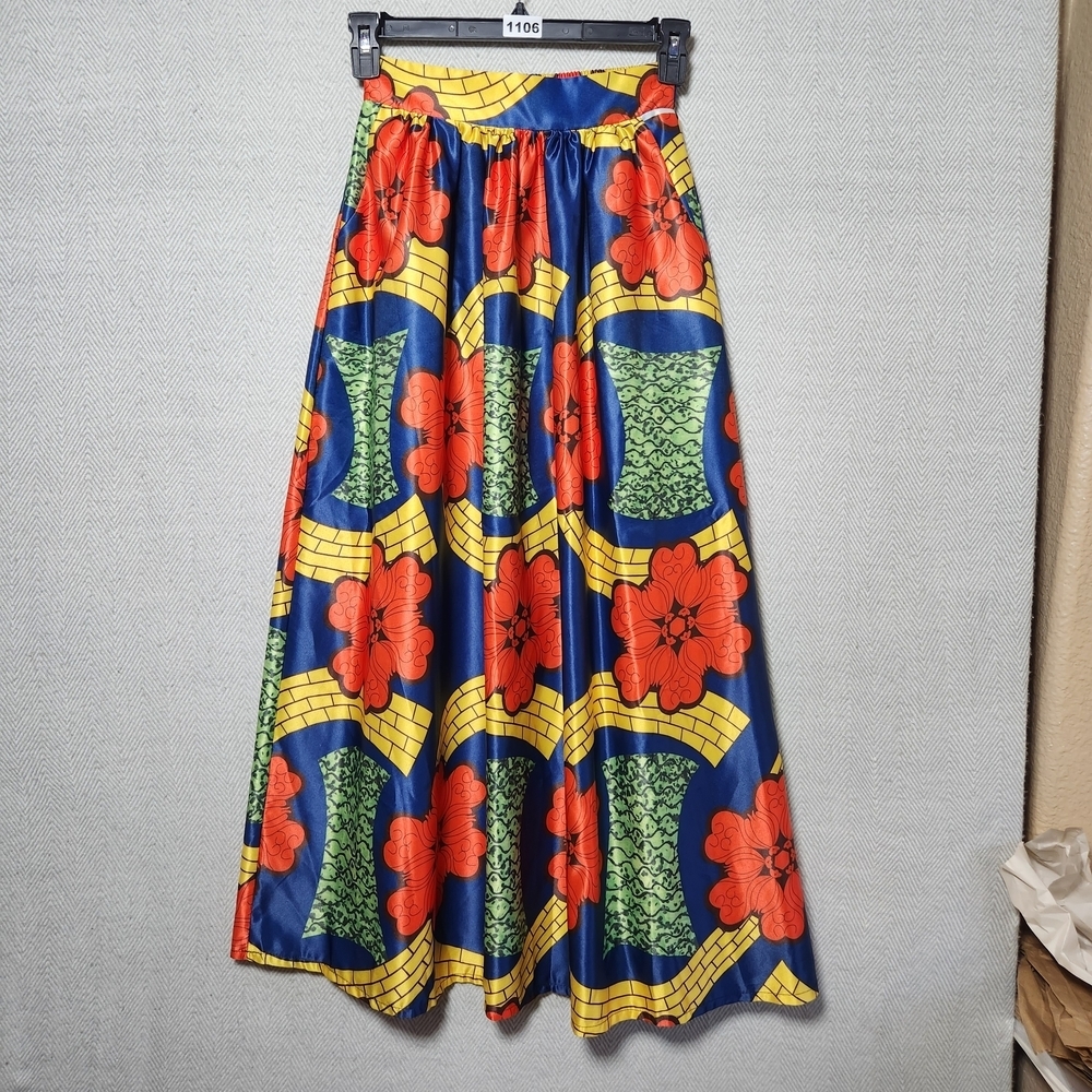 African Print Vintage Afibi Womens Small Maxi Skirt Colorful Floral